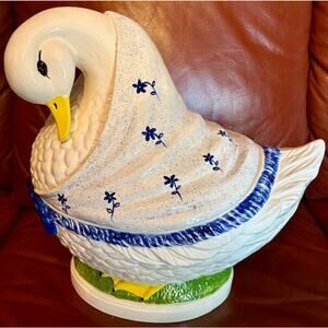 Vintage Goose Soup Tureen Blue Scarf Ceramic Punch Bowl 13" H